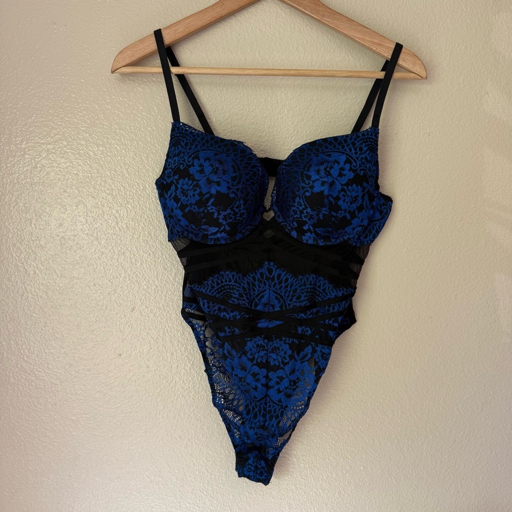 La SENZA Black and Blue Lace Bra Bodysuit